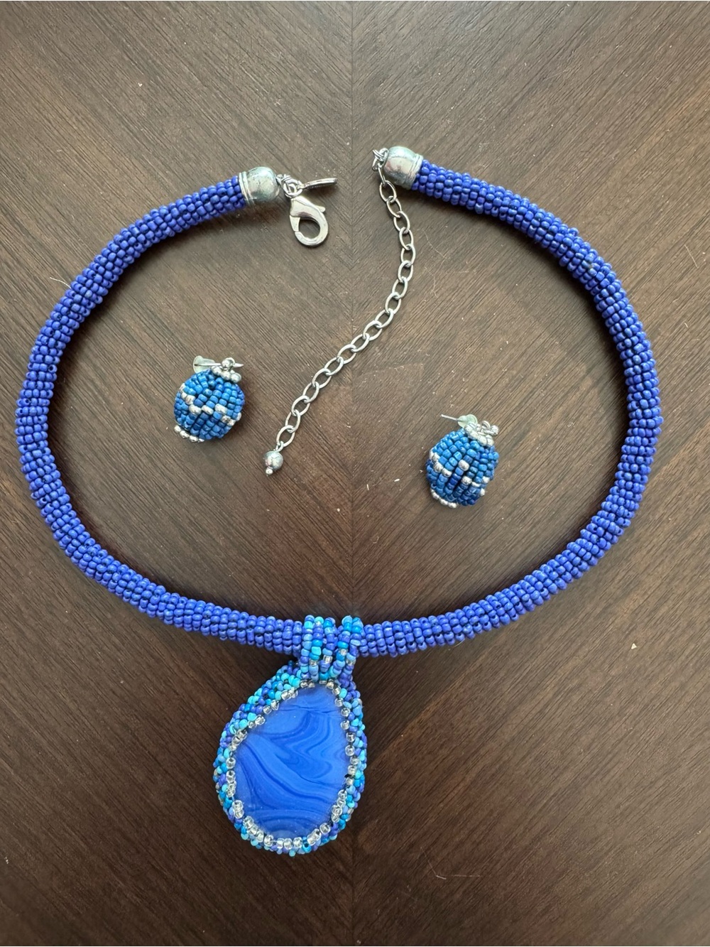 Chico's Navy Blue Beaded Necklace with Teardrop Pendant and Matching Earrings